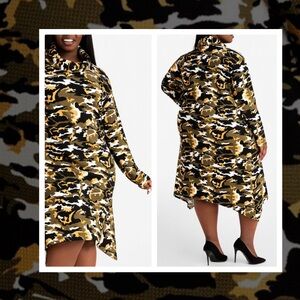 Ashley Stewart Camouflage Cowl Neckline Bodycon Asymmetrical Knit Midi Dress